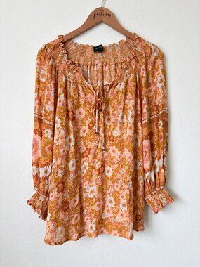 Cynthia Rowley Top Womens Medium Orange Boho Floral Peasant Cottagecore Shirt M